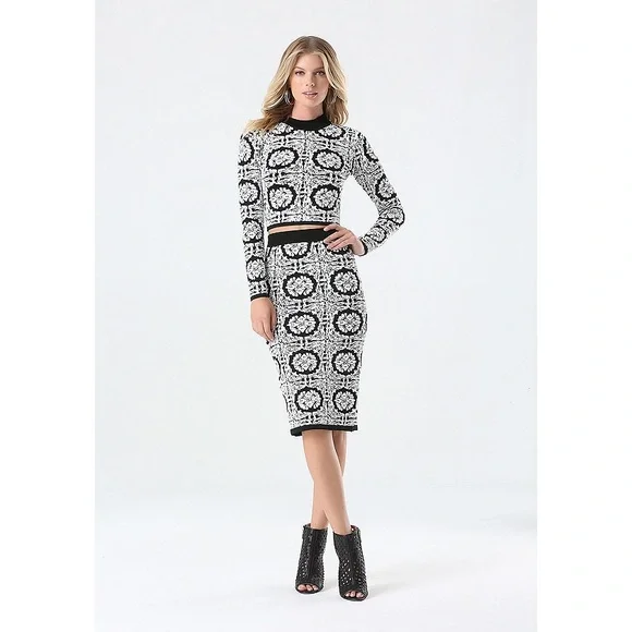 Bebe Jacquard Tile Mock Neck Top & Midi Skirt 2 Pc Set